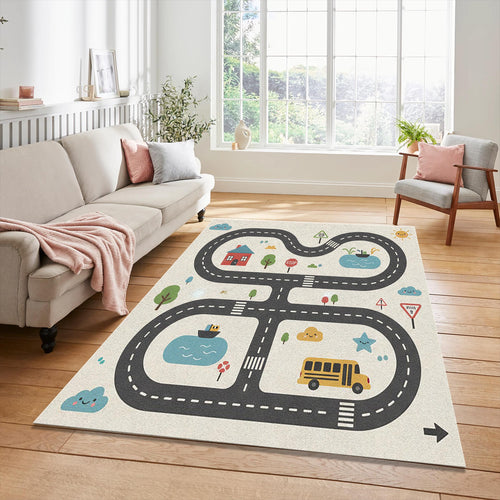 Kids Play Road Map Rug Children's City Track Area Mat Cute School