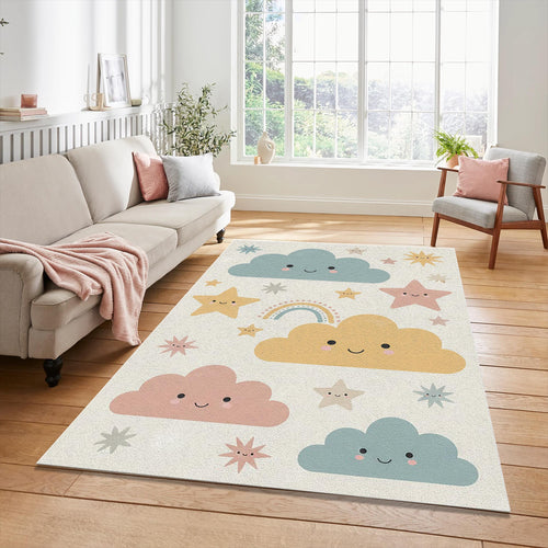 Cute Smiling Clouds & Rainbow Rug Pastel Nursery Area Mat Magic