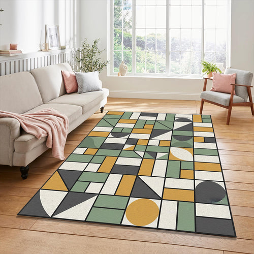 Bauhaus Geometric Rug Mid Century Modern Grid Area Mat Mustard