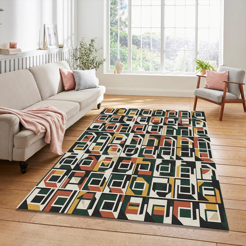 Modern Brutalist Geometric Rug Isometric 3D Pattern Area Mat Mid