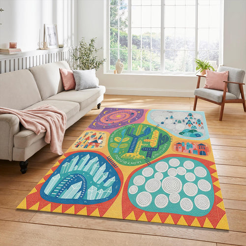 Adventure Map Kids Rug Colorful Universe Playroom Area Mat Rocket