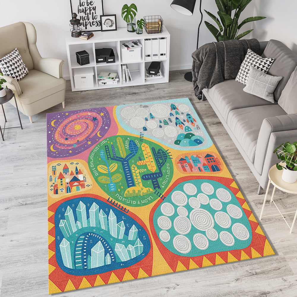 Adventure Map Kids Rug Colorful Universe Playroom Area Mat Rocket