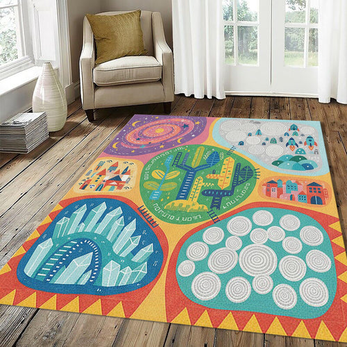 Adventure Map Kids Rug Colorful Universe Playroom Area Mat Rocket