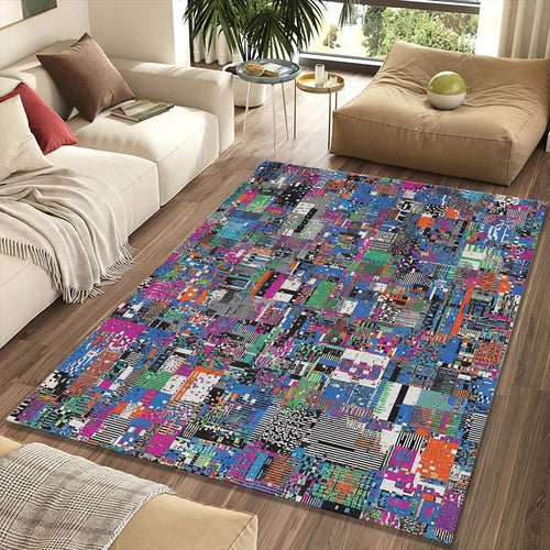 Modern Abstract Glitch Art Rug Vibrant Pixel Mosaic Area Mat