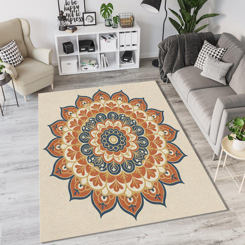 Bohemian Mandala Area Rug Ornate Terracotta & Navy Blue Floor Mat