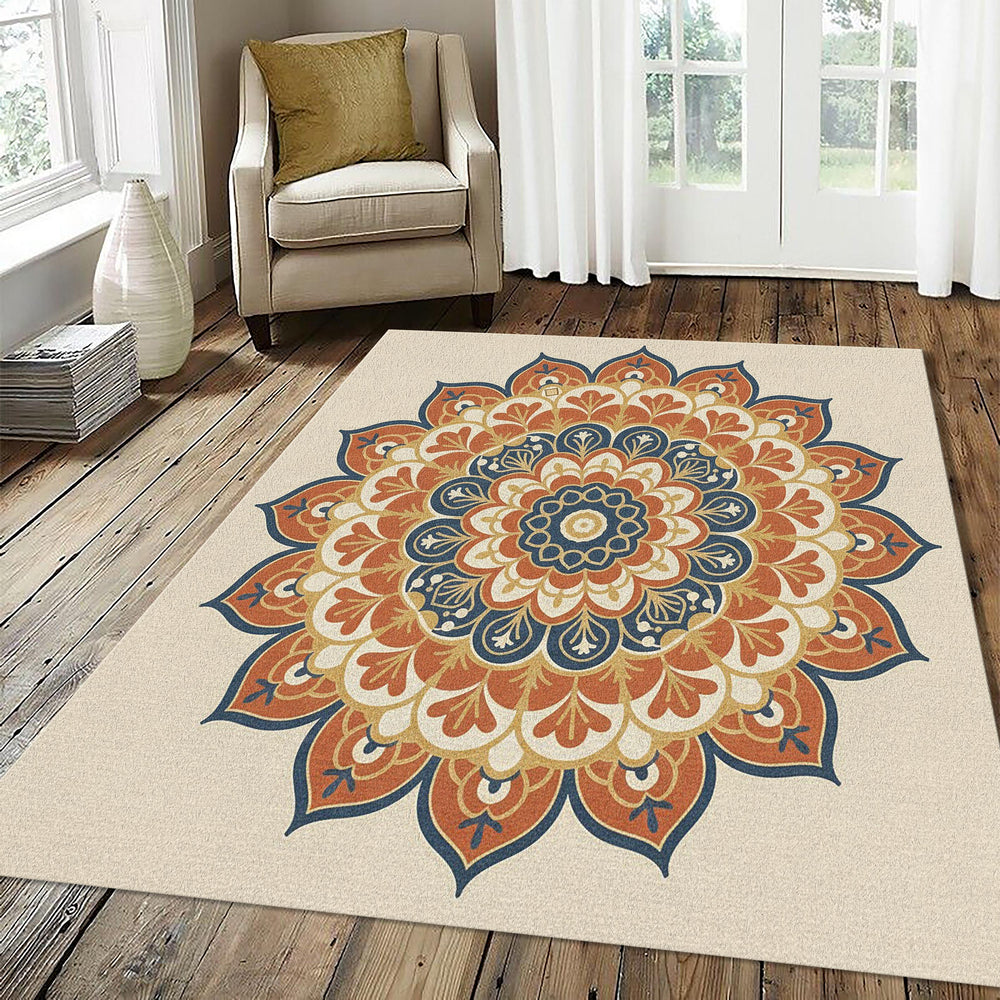 Bohemian Mandala Area Rug Ornate Terracotta & Navy Blue Floor Mat