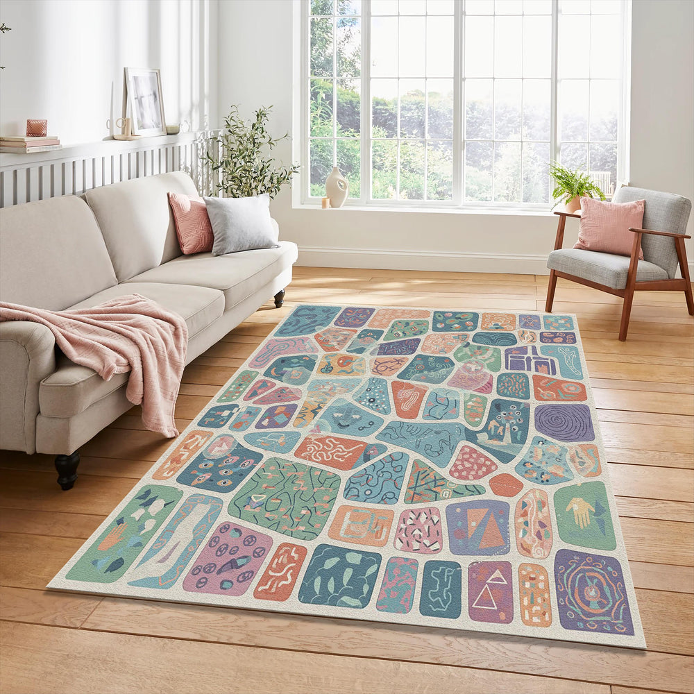 Abstract Symbolic Mosaic Rug Colorful Discovery Playroom Area Mat
