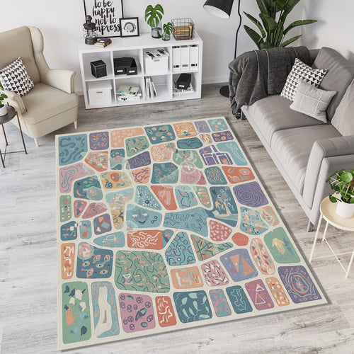 Abstract Symbolic Mosaic Rug Colorful Discovery Playroom Area Mat