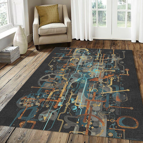 Industrial Steampunk Area Rug Abstract Mechanical Circuitry Mat