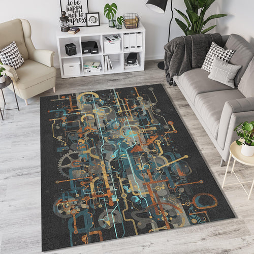Industrial Steampunk Area Rug Abstract Mechanical Circuitry Mat