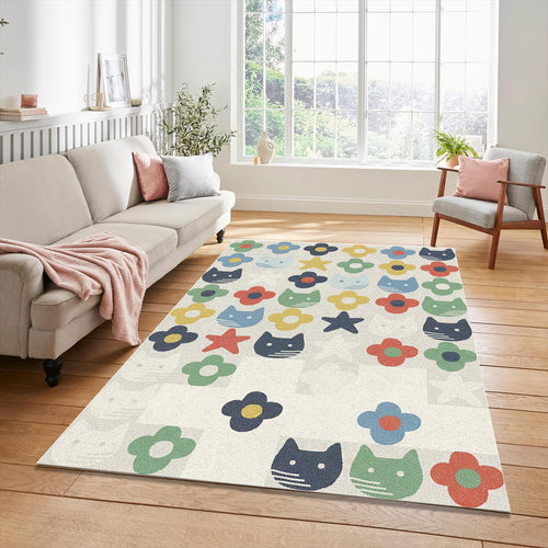 Cute Cats and Flowers Kids Rug Colorful Nursery Animal Area Mat