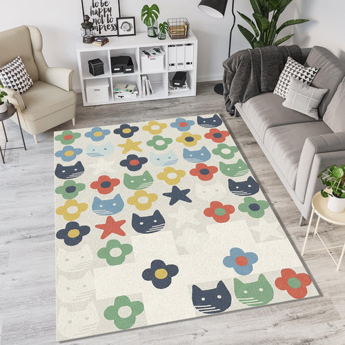 Cute Cats and Flowers Kids Rug Colorful Nursery Animal Area Mat