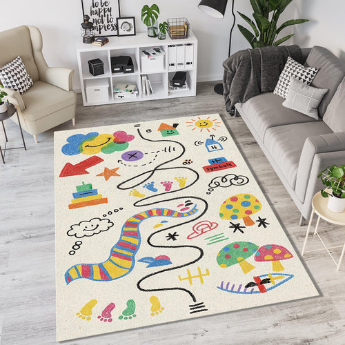 Kids Doodle Adventure Rug Colorful Crayon Style Play Mat Nursery