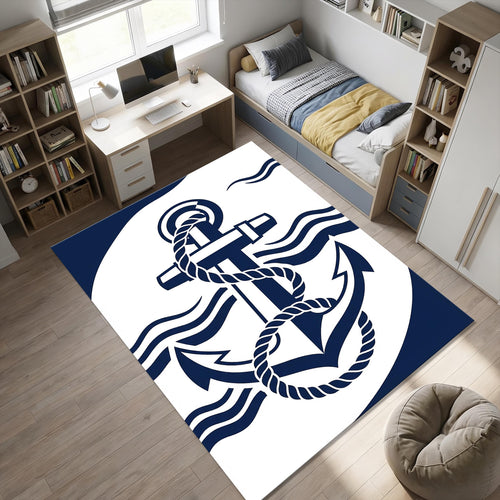 Modern Nautical Anchor Rug Navy Blue and White Maritime Area Mat
