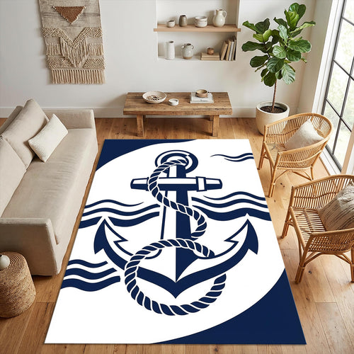 Modern Nautical Anchor Rug Navy Blue and White Maritime Area Mat