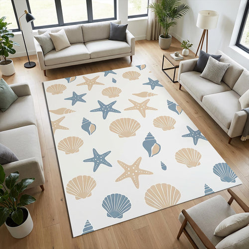 Coastal Sea Shells Area Rug Nautical Starfish Pattern Floor Mat