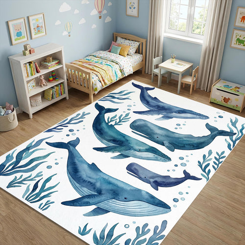 Watercolor Whales Area Rug Nautical Blue Ocean Life Mat Coastal