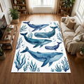Watercolor Whales Area Rug Nautical Blue Ocean Life Mat Coastal