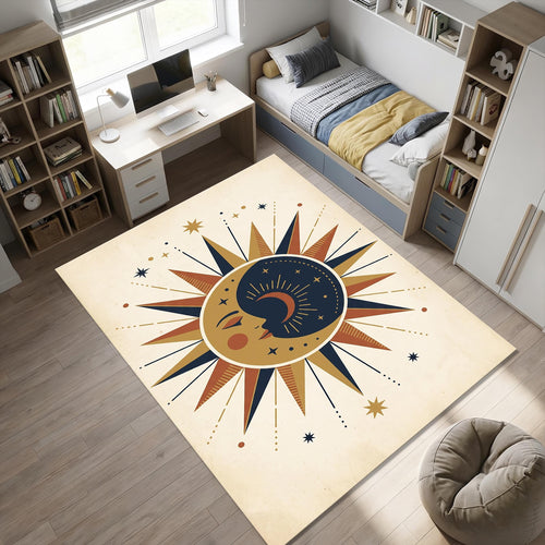 Celestial Sun and Moon Area Rug Mystical Bohemian Floor Mat Navy