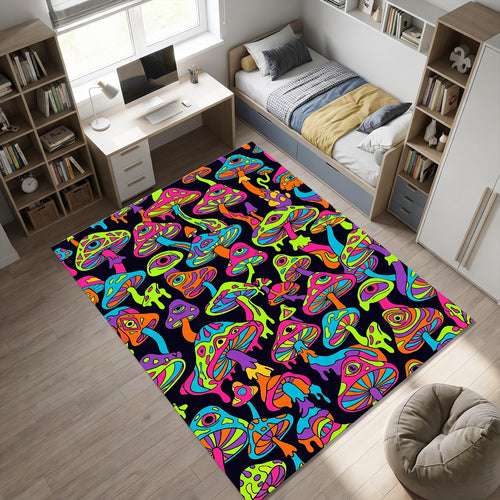 Trippy Psychedelic Mushroom Rug Neon Multi-Eyed Acid Art Area Mat