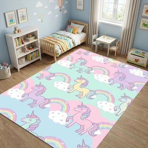 Pastel Unicorn Rainbow Area Rug Magical Nursery Floor Mat Glitter