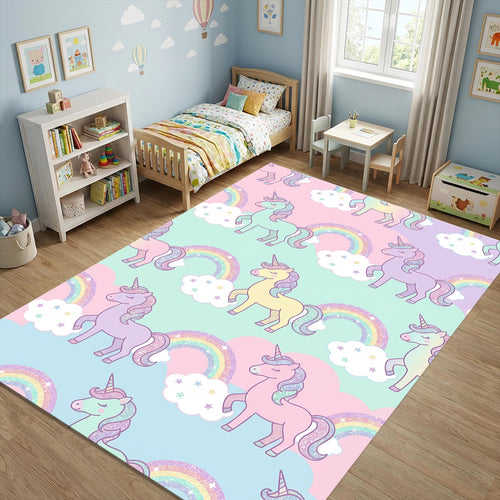 Pastel Unicorn Rainbow Area Rug Magical Nursery Floor Mat Glitter
