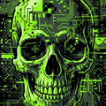 Cyberpunk Skull Area Rug Futuristic Neon Green Tech Mat Gamer