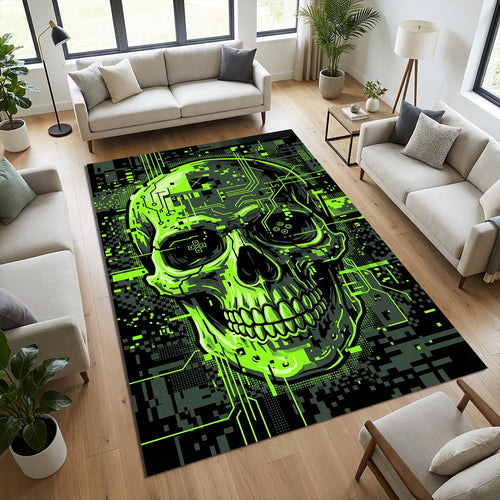 Cyberpunk Skull Area Rug Futuristic Neon Green Tech Mat Gamer