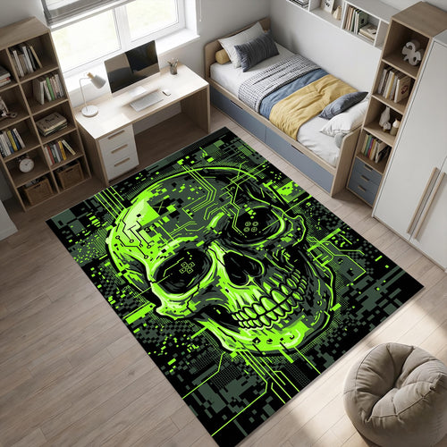 Cyberpunk Skull Area Rug Futuristic Neon Green Tech Mat Gamer