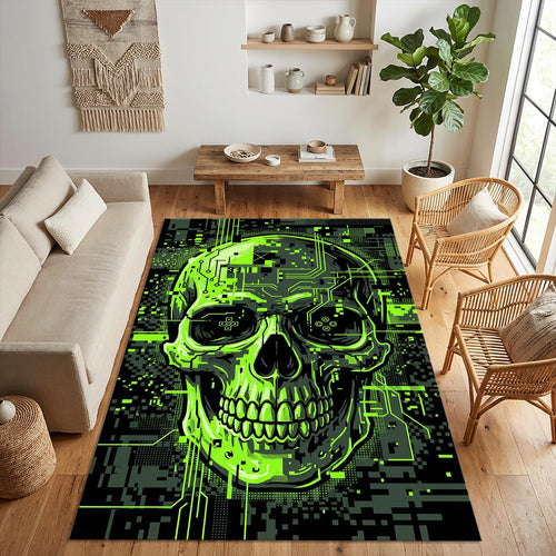 Cyberpunk Skull Area Rug Futuristic Neon Green Tech Mat Gamer