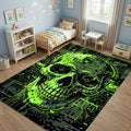 Cyberpunk Skull Area Rug Futuristic Neon Green Tech Mat Gamer