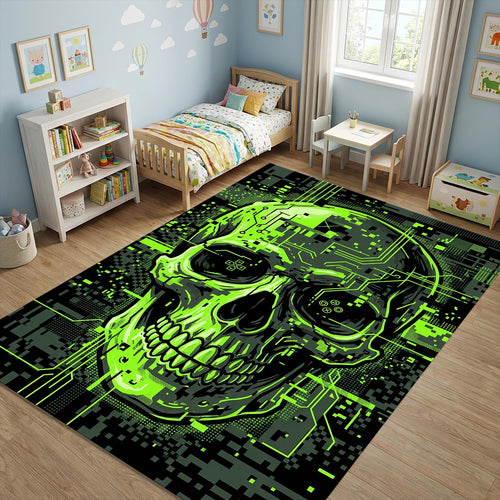 Cyberpunk Skull Area Rug Futuristic Neon Green Tech Mat Gamer