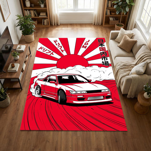 JDM Drift Car Area Rug Japanese Rising Sun Sports Car Mat Red and