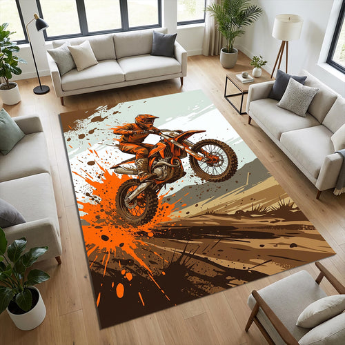 Motocross Dirt Bike Area Rug Orange Motorcycle Action Floor Mat