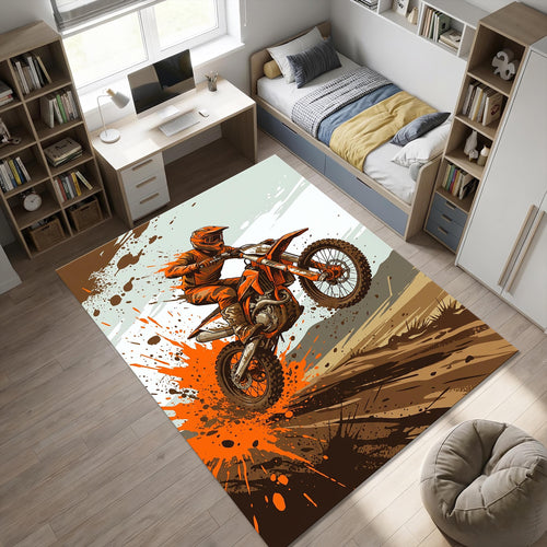 Motocross Dirt Bike Area Rug Orange Motorcycle Action Floor Mat