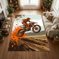 Motocross Dirt Bike Area Rug Orange Motorcycle Action Floor Mat