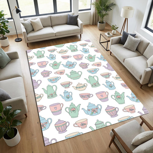 Pastel Tea Party Kitchen Rug Shabby Chic Teapot Area Mat Romantic