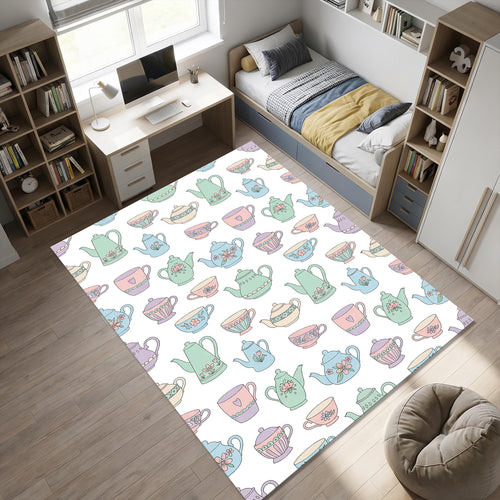Pastel Tea Party Kitchen Rug Shabby Chic Teapot Area Mat Romantic