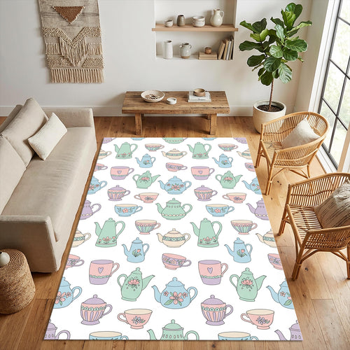 Pastel Tea Party Kitchen Rug Shabby Chic Teapot Area Mat Romantic