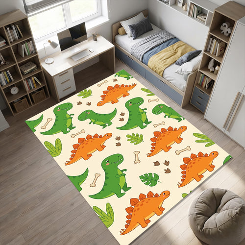 Cute Dinosaur Area Rug Green T-Rex and Orange Stegosaurus Kids