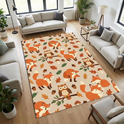 Woodland Forest Animals Area Rug Cute Fox and Owl Nursery Floor