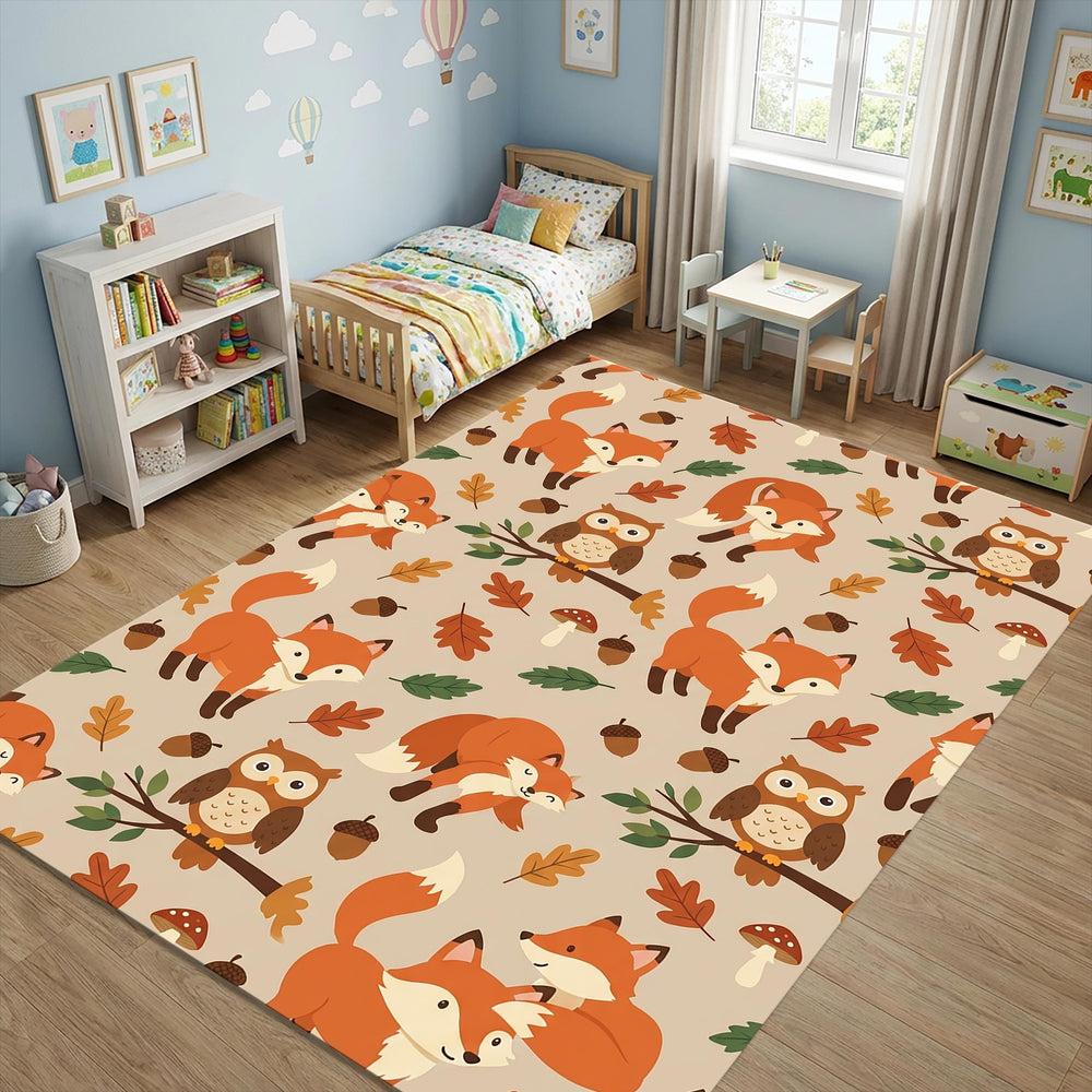 Woodland Forest Animals Area Rug Cute Fox and Owl Nursery Floor