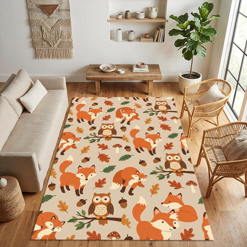 Woodland Forest Animals Area Rug Cute Fox and Owl Nursery Floor