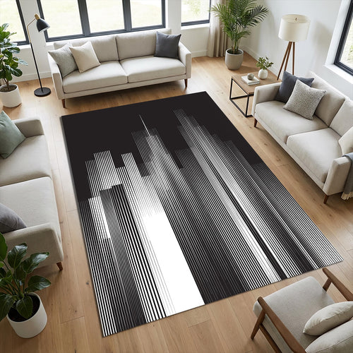 Modern City Skyline Area Rug Minimalist Black and White Line Art