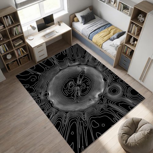 Modern Topographic Line Art Rug Black and White Abstract Area Mat