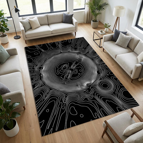 Modern Topographic Line Art Rug Black and White Abstract Area Mat