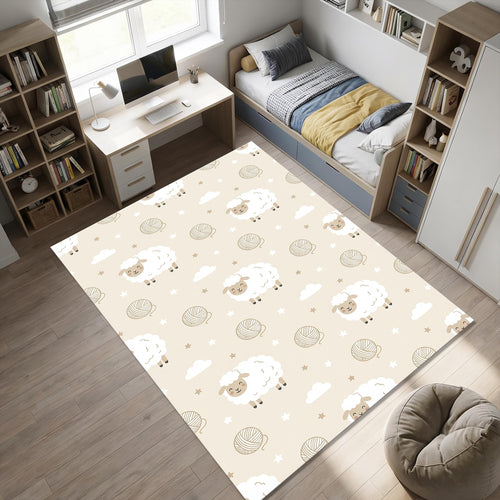 Cute Sheep Nursery Area Rug Fluffy White Lamb Floor Mat Beige
