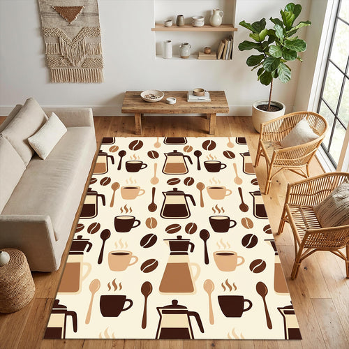 Modern Coffee Lovers Kitchen Rug Moka Pot & Coffee Bean Area Mat