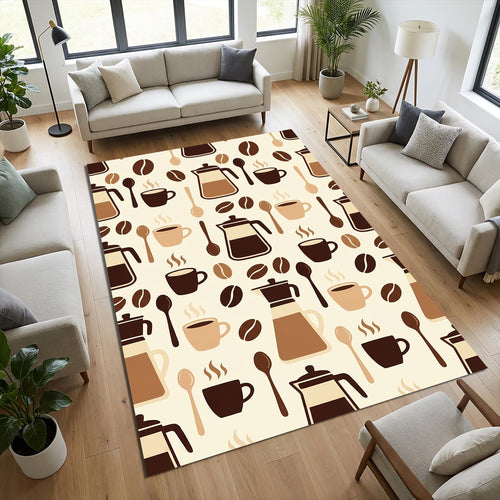 Modern Coffee Lovers Kitchen Rug Moka Pot & Coffee Bean Area Mat