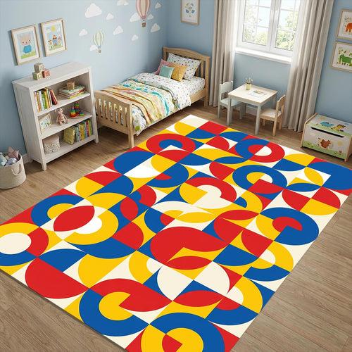 Modern Bauhaus Geometric Rug Abstract Red Yellow Blue Area Mat